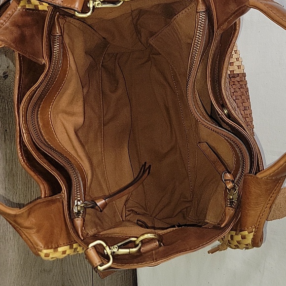 Made in India Brown and Yellow Woven Leather Tote Crossbody Bag - Picture 10 of 15